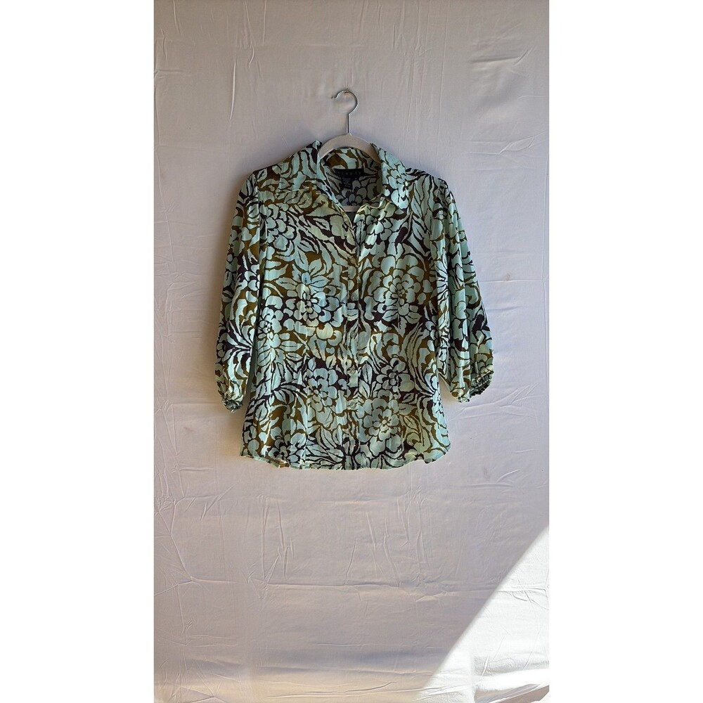 Vintage Ninety Abstract Floral Button-Down Blouse - Seafoam & Earth Tones